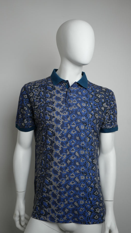 Just Cavalli Contrasting Blue and Teal Mosaic Cotton Polo Shirt – Size L