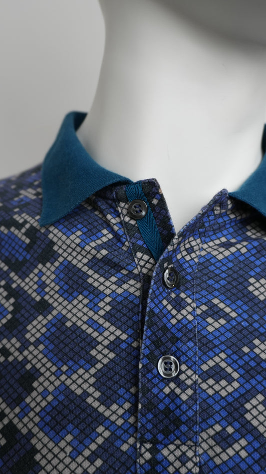 Just Cavalli Contrasting Blue and Teal Mosaic Cotton Polo Shirt – Size L