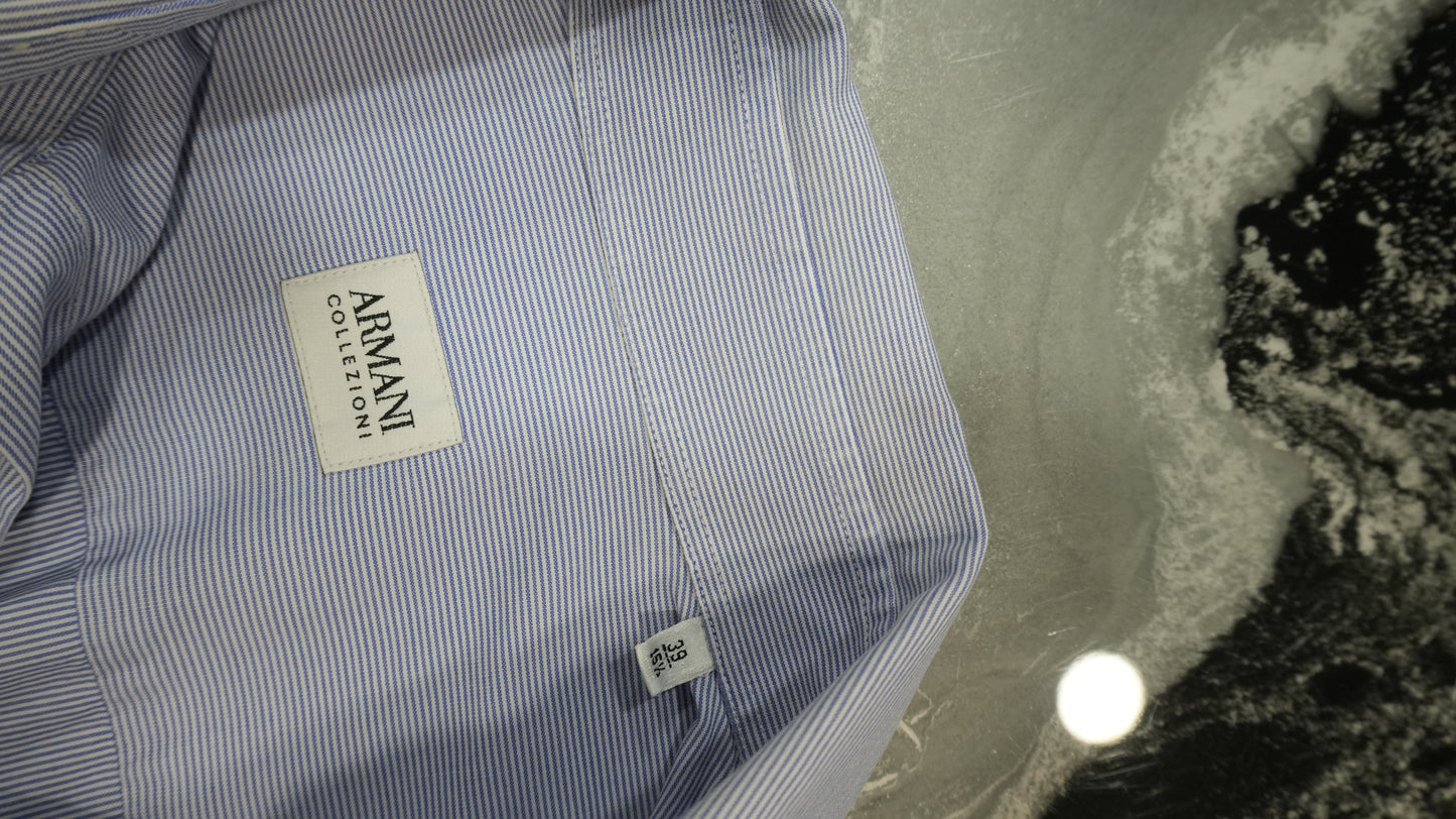 Men's Armani Collezioni Light Blue and White Micro-Stripe Shirt - Size M